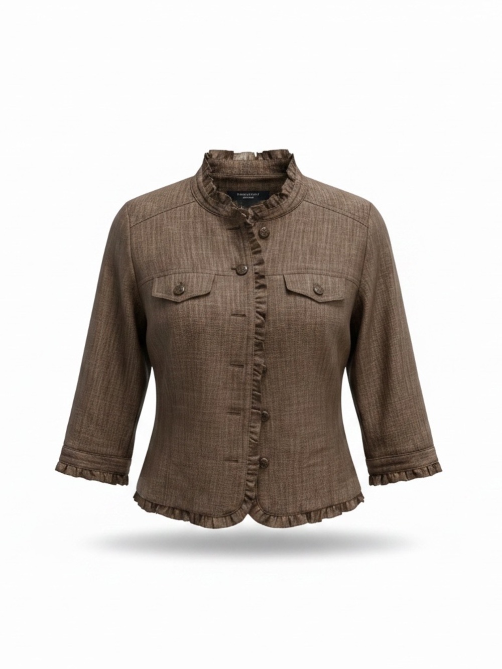 Sandro Black Label Brown Textured Jacket with Ruffle & 3/4 Sleeve